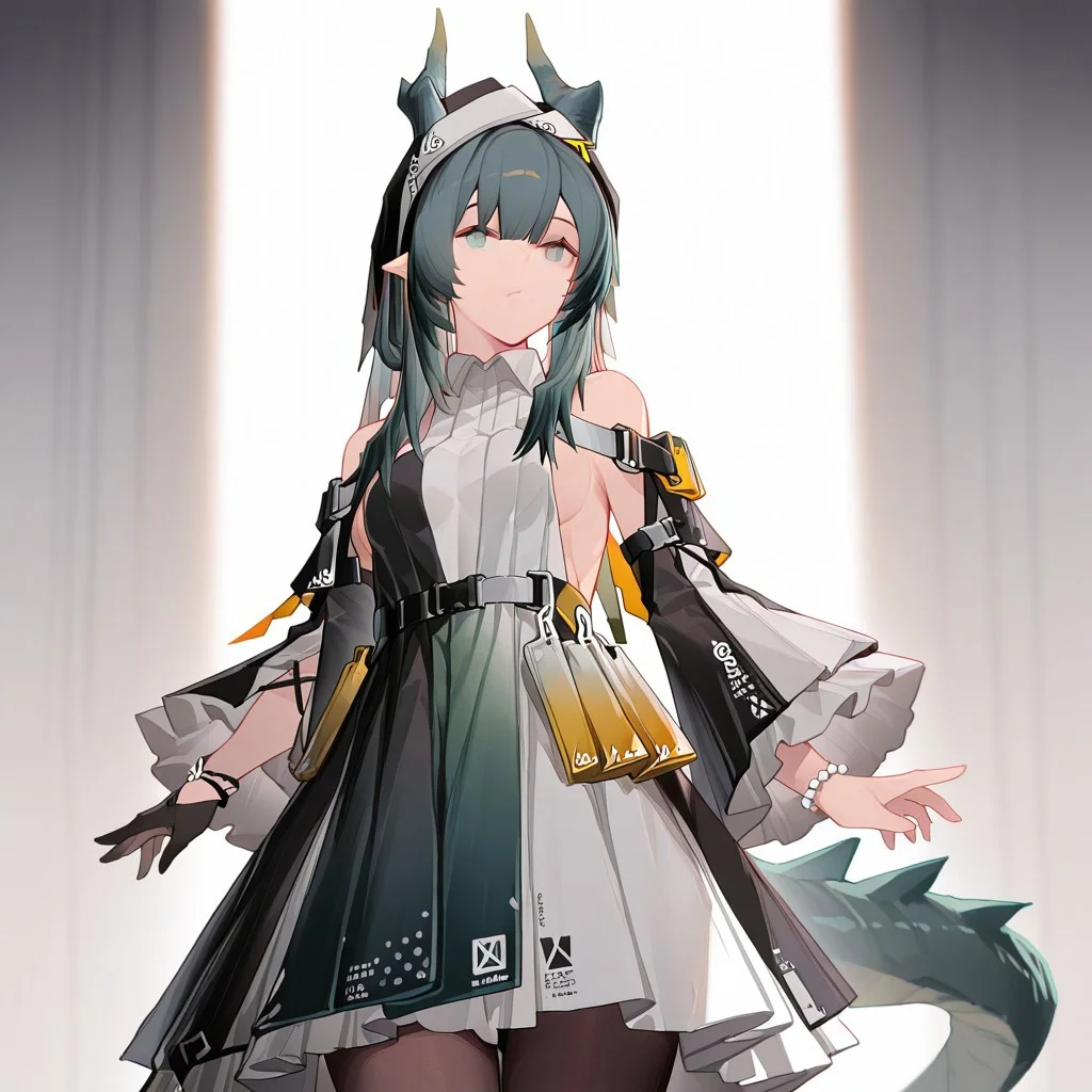 solo, 1girl, xaihi, bare_shoulders, sideboob, small_breasts, multicolored_dress, black_dress, green_dress, white_dress, belt_pouch, frilled_sleeves, frills, long_sleeves, wide_sleeves, single_glove, black_gloves, pearl_bracelet, bracelet, dragon_tail, green_tail, pantyhose,,
masterpiece,
