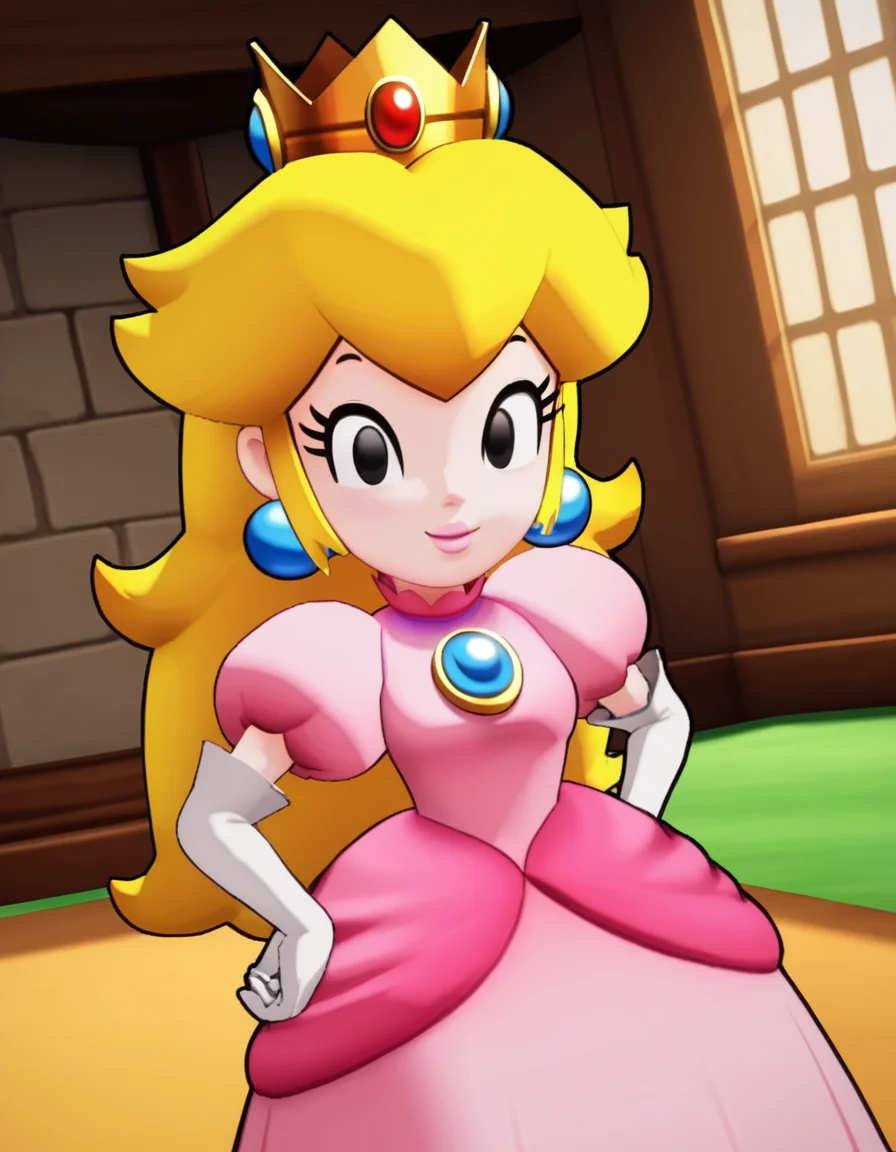 score_9, score_8_up, score_7_up, source_anime, <lora:princess-peach-brothership-ponyxl-lora-nochekaiser:1>, princess peach, blonde hair, black eyes, long hair,, crown, dress, gem, gloves, pink dress, puffy short sleeves, puffy sleeves, short sleeves, white gloves,, house, home, family, rooms, yard, , smug, hands on own hip,, looking at viewer, solo,, dutch angle, cowboy shot