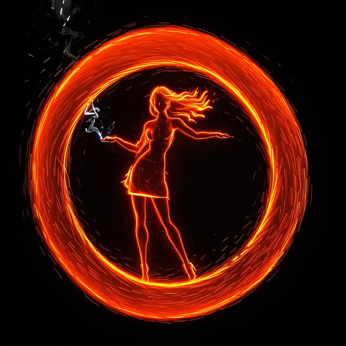fireart, a circular of sparks is shown in the dark,a fire woman is  throw smoking, <lora:fireart:1>,