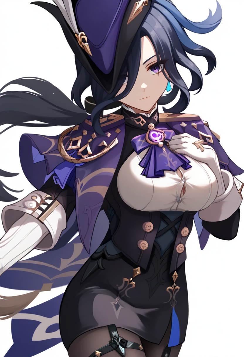 score_9,score_8_up,score_7_up,<lora:clorinde_pony:1>,1girl, solo, standing, large_breasts, vision_\(genshin_impact\), absurdres, highres, black_corset, black_skirt, hat_feather, elbow_gloves, closed_mouth, outstretched_arm, thigh_strap, white_shirt, black_pantyhose, epaulettes, white_background, fold-over_gloves, clorinde_\(genshin_impact\), commentary, looking_at_viewer, pencil_skirt, purple_ascot, purple_capelet, hair_over_one_eye, high-waist_skirt, button_gap, taut_shirt, white_gloves, tricorne, hand_on_own_chest, framed_breasts, purple_hat