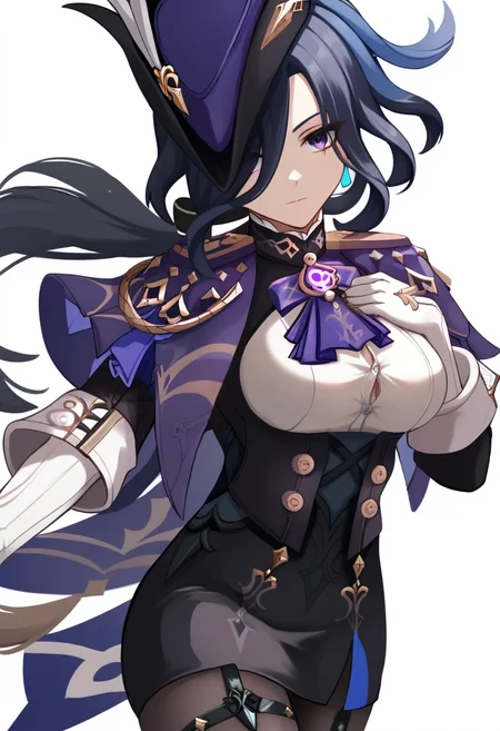 score_9,score_8_up,score_7_up,<lora:clorinde_pony:1>,1girl, solo, standing, large_breasts, vision_\(genshin_impact\), absurdres, highres, black_corset, black_skirt, hat_feather, elbow_gloves, closed_mouth, outstretched_arm, thigh_strap, white_shirt, black_pantyhose, epaulettes, white_background, fold-over_gloves, clorinde_\(genshin_impact\), commentary, looking_at_viewer, pencil_skirt, purple_ascot, purple_capelet, hair_over_one_eye, high-waist_skirt, button_gap, taut_shirt, white_gloves, tricorne, hand_on_own_chest, framed_breasts, purple_hat