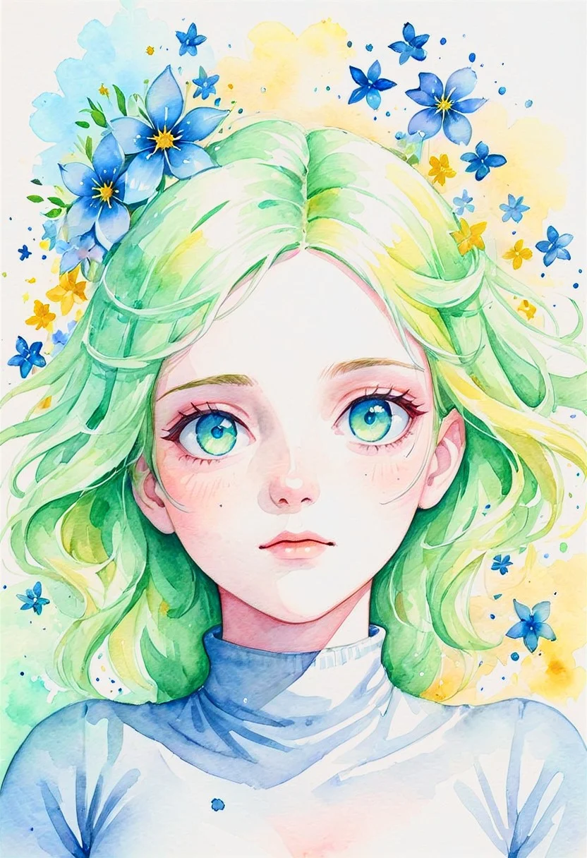 watercolor portrait, a young woman with green and yellow hair and blue eyes laying down, her hair is covered in galaxy blossoms, the white sand surrounds her head