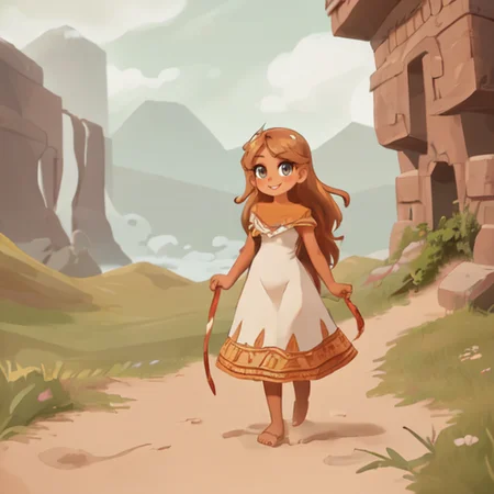 female, age 25,  deep tan skin,  steely eyes, long wavy blonde hair, wild hair, strong cheek bones, round face, full lips, cute, highly detailed, sharp focus, stunningly beautiful, looking at camera, smile, sultry look, full body, barefoot, mountains in background <lora:the_journey_game_style_v1-000029:1> the journey game style