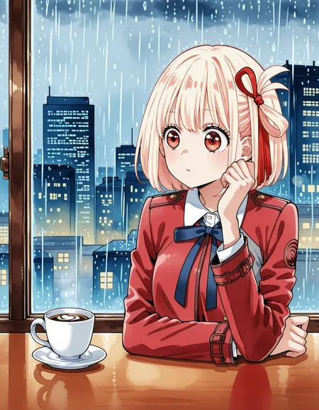 1girl,nishikigi chisato, indoors,coffee, lycoris uniform,looking at another, looking to the side, window,rain,sitting,cityscape,cafe interior,watercolor \(medium\), hand up,
ãelbows on table,
<lora:nakayoshi_style:1>