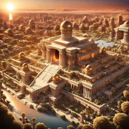 prefect lighting,very aesthetic,masterclass,best quality, intricate details,highly detailed background, cityscape, river, sunset, buildling, columns, pillar, trees, sun, st_babylon