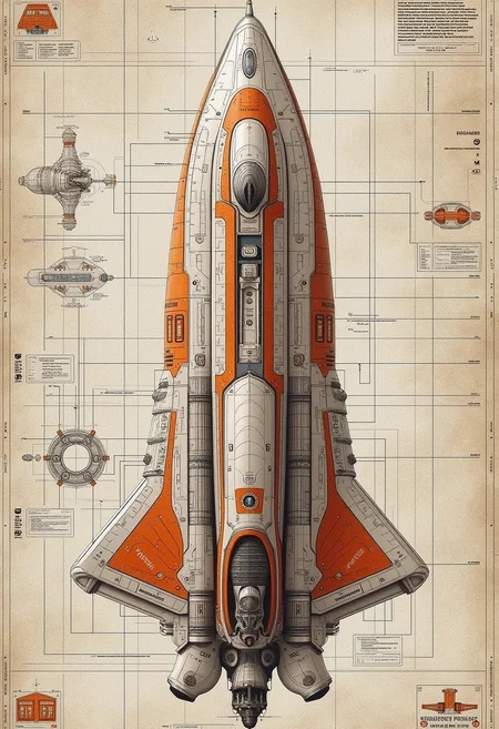 yfg-aarchy A 3D topographic diagram of symmetrical mechanical schematics of a rocket