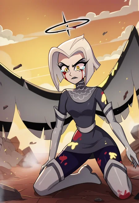 1girl, <lora:lute_hazbin_hotel_ponyxl_v1:0.9>, lute, solo, kneeling, wings, elbow gloves, grey dress, chainmail collar, purple pantyhose, white sash, thigh boots, black halo, blood on clothes, yellow sky, cloudy sky, smoke, fog, debris, dust, light rays, torn clothes, tears, looking down, arm support, (yellow blood), injury, blood on face,
BREAK
score_9, score_8_up, score_7_up, score_6_up, (screencap:0.25)