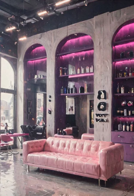 ((a beautiful woman in a Hair Salon, pink and black purple color Palette, urban city  window view)), 
bust shot, close-up lips, 
modern interior design, cyberpunk, 
Recliner|Dressing table|Table lamp|Screen|Monitor|Signboard_Details,
Metal|Glass|Leather|Textiles|Carpet|Pillow_Texture,
perfect blonde hair, 
(modern photo, fashion dress up:1.1), 24mm, (analog, cinematic, film grain, hazy atmosphere, detailed eyes, (seductive), (epicPhoto), (looking at viewer), (cinematic shot:1.3),
ac_neg1, great lighting, extremely detailed, happy, Hair Salon, impressionist painting, zoya