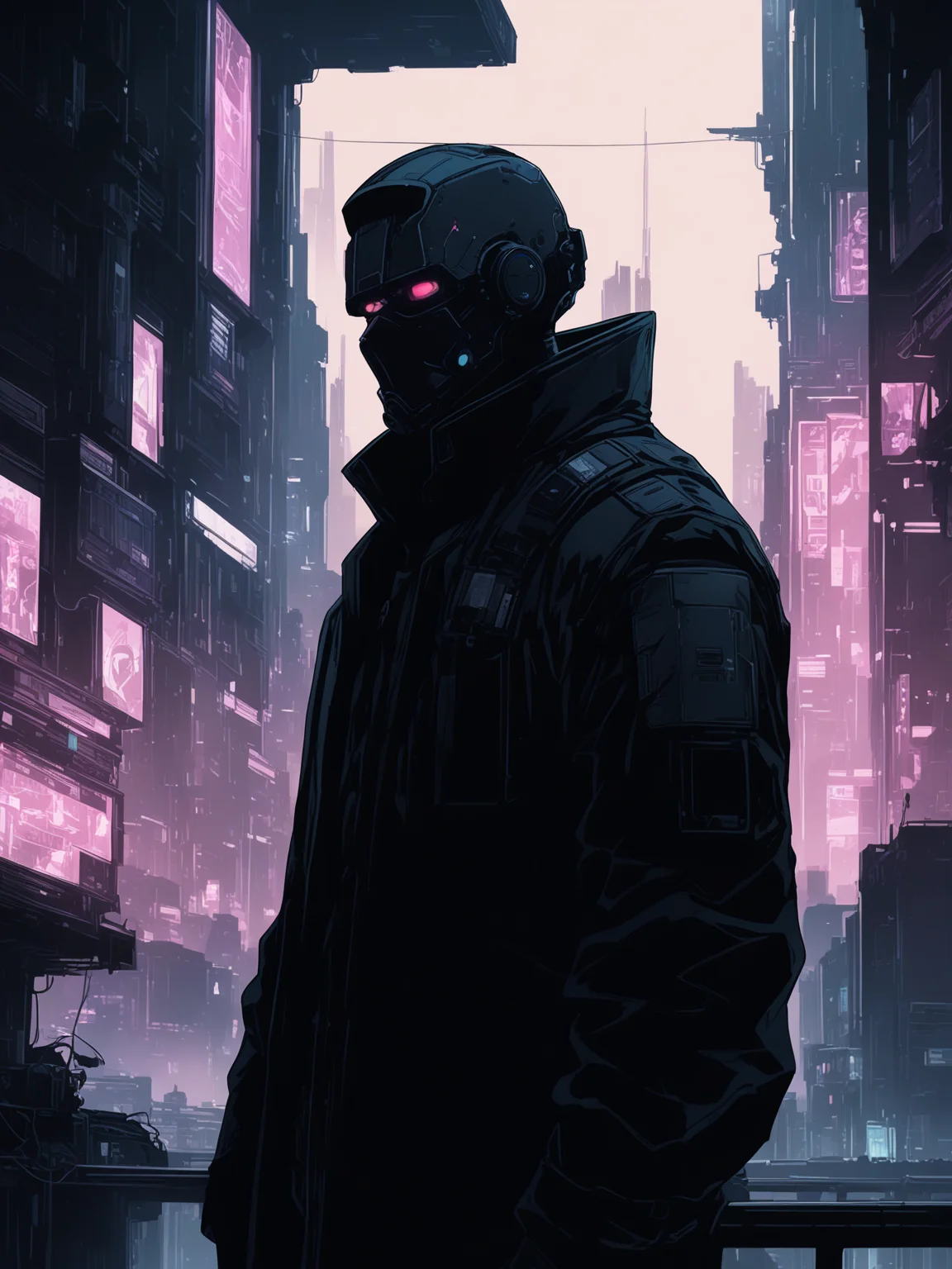 In the dystopian cityscape of cyberpunk, a mysterious figure shrouded in shadows stands, exuding an air of annoyance. The dusky fade adds an enigmatic touch to the scene as the character gazes out of the window with intense focus. The play of shadows and light creates a cinematic atmosphere, leaving viewers intrigued by the untold story behind this captivating moment. The artist's attention to detail elevates the emotional depth, making this artwork a masterpiece in the realm of cyberpunk aesthetics.