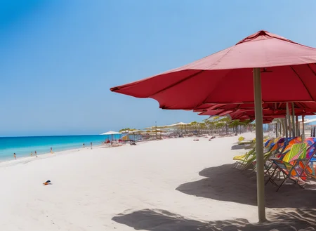 <lyco:sand and sea:1.0>  srdg a beach with many chairs and umbrellas on it