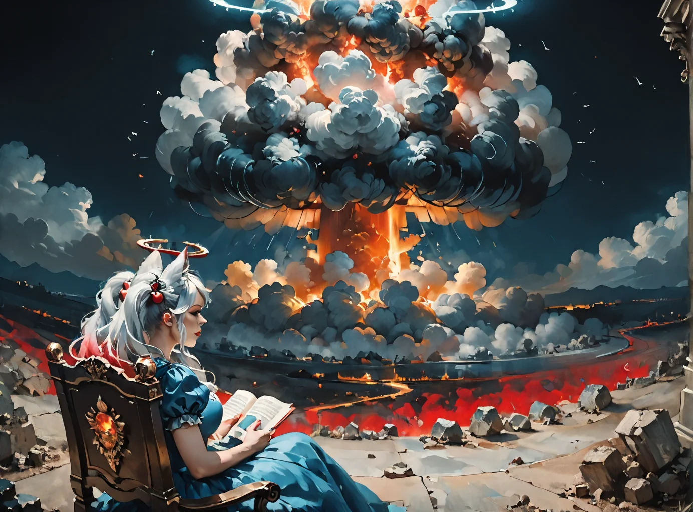 score_9, score_8_up, score_7_up, Environmental scene, character off to side, looking away view, reading,  <lora:Kirsche:1>(kirsche, twintails, long hair, fluffy hair, cherry hairornaments, white hair, animal ears, large breasts, halo), vampire dress, black details, red lining, neon hair color, two tone hair, <lora:Nuclear_Explosion:1> Nuclear Explosion, Blue Nuke in the Background, A skulls throne, darkened by time and decay, the growing black tendrils sprawl in technological terror,highly detailed