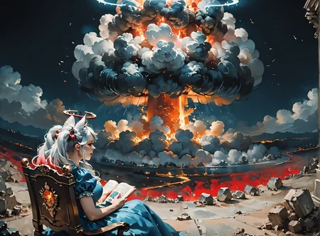 score_9, score_8_up, score_7_up, Environmental scene, character off to side, looking away view, reading, <lora:Kirsche:1>(kirsche, twintails, long hair, fluffy hair, cherry hairornaments, white hair, animal ears, large breasts, halo), vampire dress, black details, red lining, neon hair color, two tone hair, <lora:Nuclear_Explosion:1> Nuclear Explosion, Blue Nuke in the Background, A skulls throne, darkened by time and decay, the growing black tendrils sprawl in technological terror,highly detailed