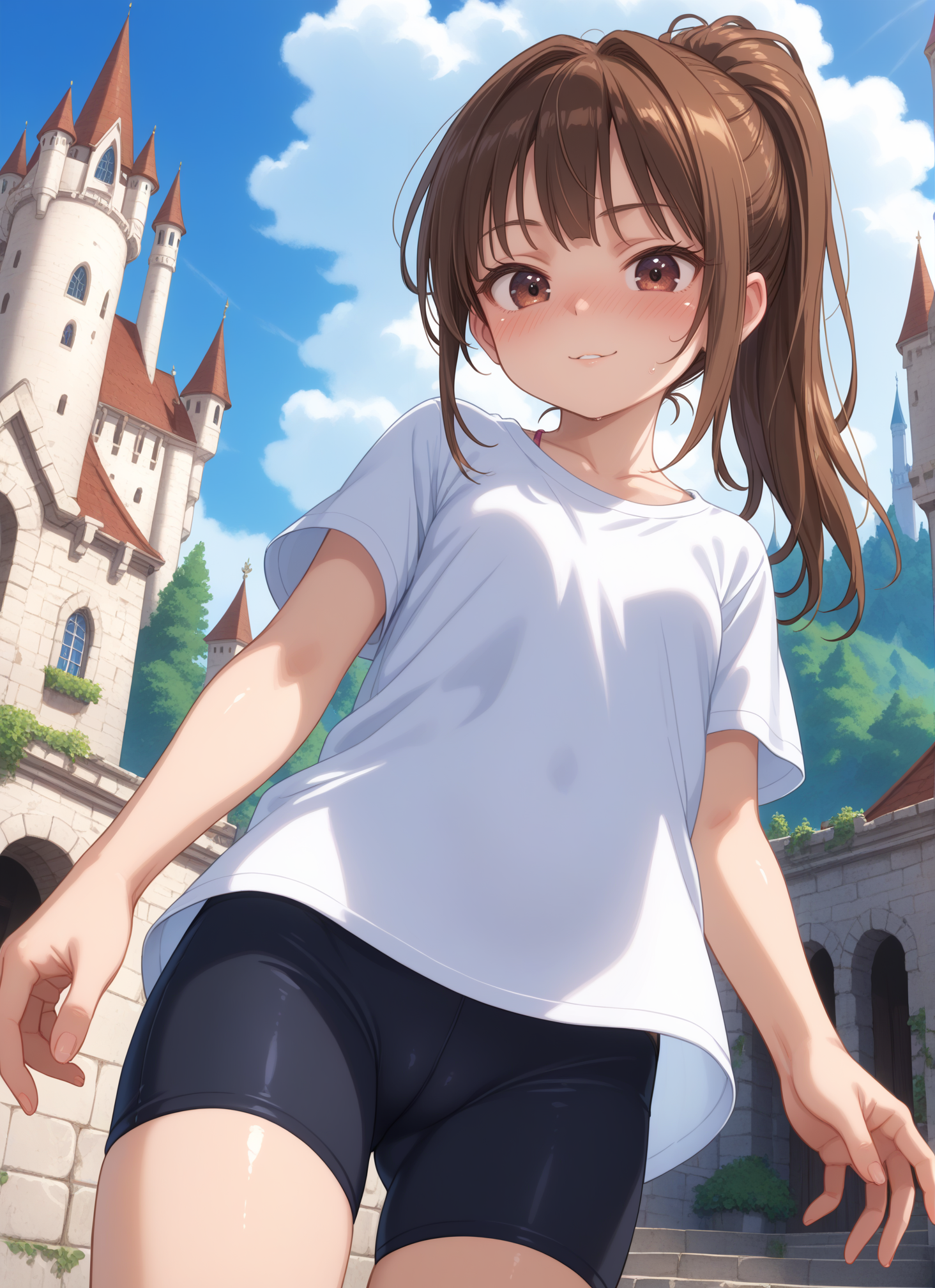 long hair, brown hair, brown eyes, ponytail, shirt, collarbone, white shirt, shorts, bike shorts, t-shirt, castle, stone, towers, medieval, royalty, smile, from below, looking at viewer, solo,, dutch angle, cowboy shot,, , shiny, shiny skin, shiny hair, soft body,, , (5 finger:0.8),, BREAK ,score_9, score_8_up, score_7_up, detailed face, detailed body, best background, detailed background, uncensored,, BREAK ,anime screencap, anime coloring,, , (partially visible vulva:0.7),, , sexually suggestive, naughty face, horny, naughty face, nose blush,, , <lora:add-detail-xl:1.1>,  <lora:enhancerV4-pony:1>, <lora:PerfectEyesXL:0.8> perfecteyes,
