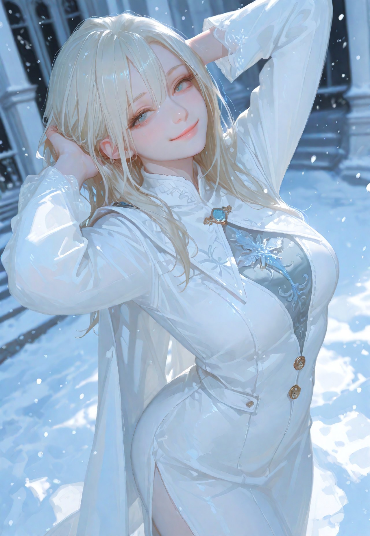  (score_9, score_8_up, score_7_up), white theme, masterwork, masterpiece, best quality, dynamic pose, dynamic angle, (realistic:1.4), (lineless:1.2), detailed, <lora:Detailer_NoobAI_Incrs_v1:0.75>, , aged up, adult, depth of field, blurry, cheekbones, dynamic lighting, high detail, 8k                       girl, kawai girl,Expressiveh, good_hands, best quality,mature woman,              ,score_9_up, score_8_up, score_7_up, ,score_6_up,standing,elsa, posing with hands in hair, looking at viewer, pale milky skin, snowing, sultry smile