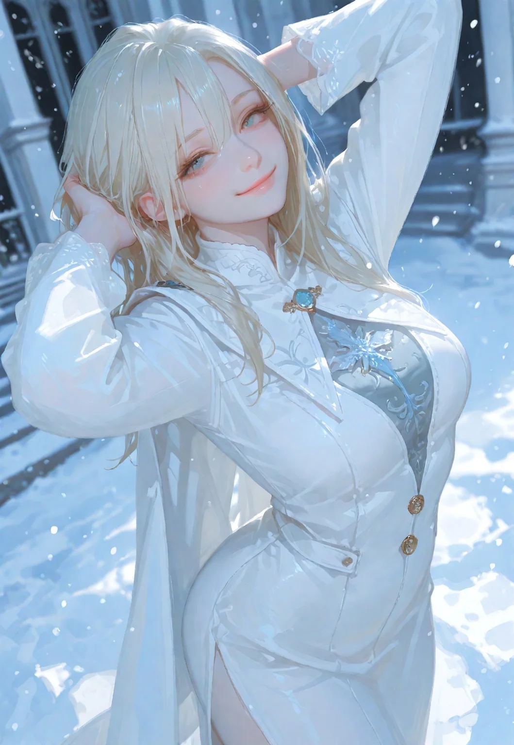  (score_9, score_8_up, score_7_up), white theme, masterwork, masterpiece, best quality, dynamic pose, dynamic angle, (realistic:1.4), (lineless:1.2), detailed, <lora:Detailer_NoobAI_Incrs_v1:0.75>, , aged up, adult, depth of field, blurry, cheekbones, dynamic lighting, high detail, 8k                       girl, kawai girl,Expressiveh, good_hands, best quality,mature woman,              ,score_9_up, score_8_up, score_7_up, ,score_6_up,standing,elsa, posing with hands in hair, looking at viewer, pale milky skin, snowing, sultry smile