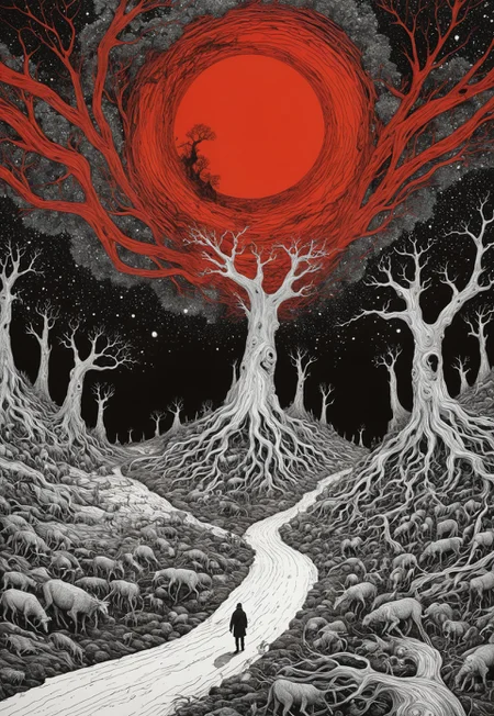 highly detailed and hyper realistic photo by Stanley Donwood , creature, bizarre, abnormal, otherworldly, comic book style, low angle, hyper detailed and highly realistic.
