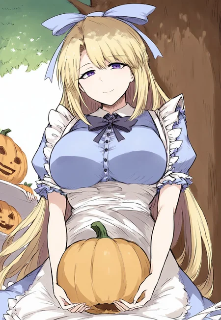 safe_pos, score_9, score_8_up, score_7_up, best_quality,
Expressiveh,
1girl, solo,mature woman, big sister, AliceMotherBS2, 1girl, blonde hair, long hair, breasts, large breasts, purple eyes, very long hair, medium breasts, blue eyes, ribbon, blue bow, apron, dress, white apron, puffy short sleeves, frills, puffy sleeves, maid apron, blue dress, bow, hair bow,smile,
tree, under a tree, below view, upper body, pumpkin, holding pumpkin, 5fingers, lowangleview-3000,