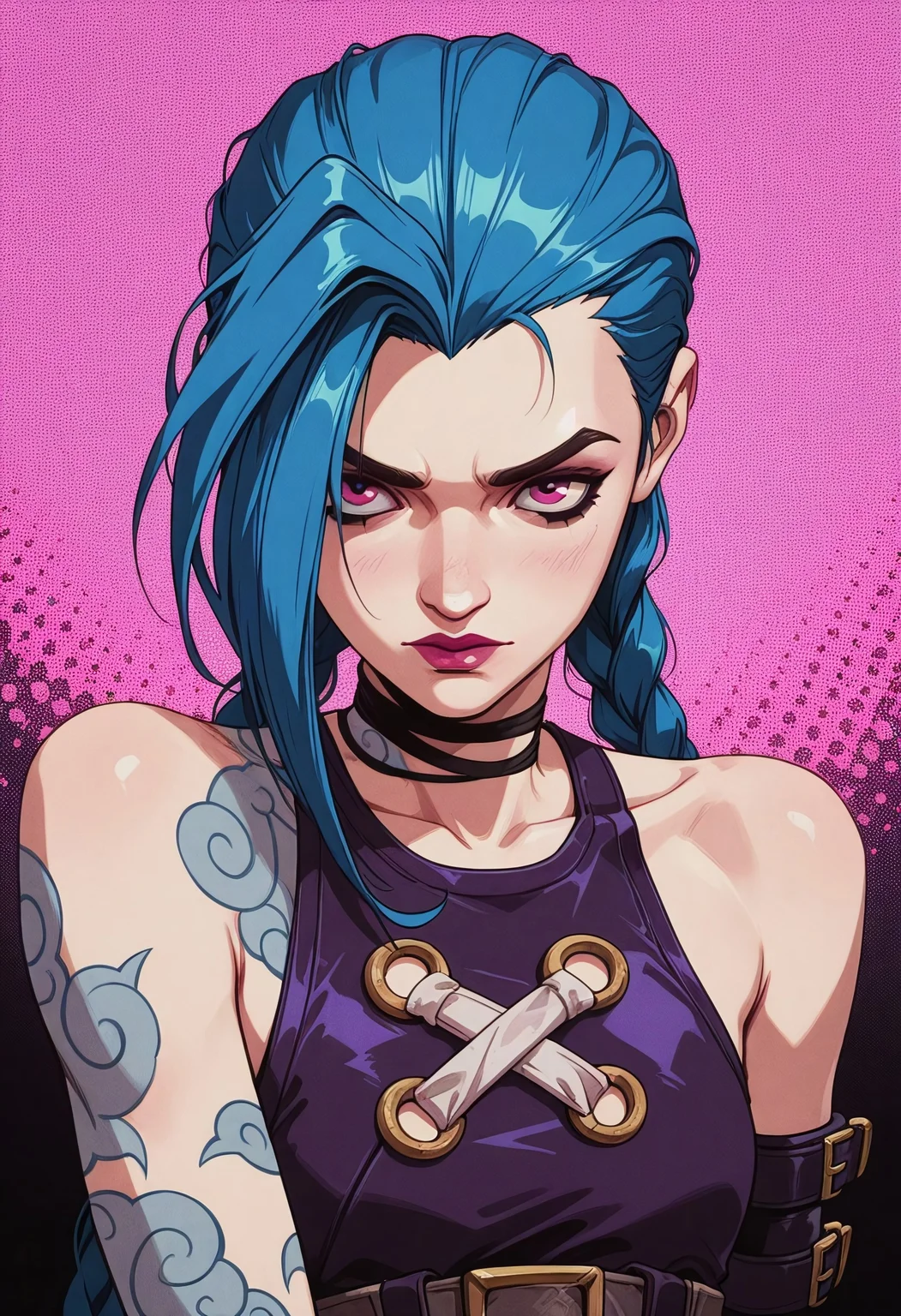 halftone effect, retro artstyle, 1girl, solo,jinx (league of legends),Masterpiece, Best Quality, beautiful, high res image,