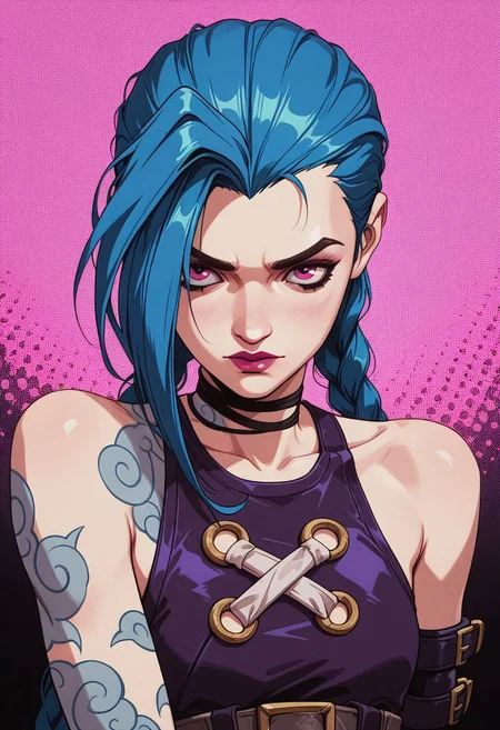 halftone effect, retro artstyle, 1girl, solo,jinx (league of legends),Masterpiece, Best Quality, beautiful, high res image,