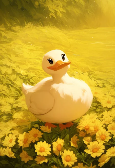 score_9, score_8_up, score_7_up, webby vanderquack, holding a duck, among flowers, cozy, cute, 8k, hd, dgns