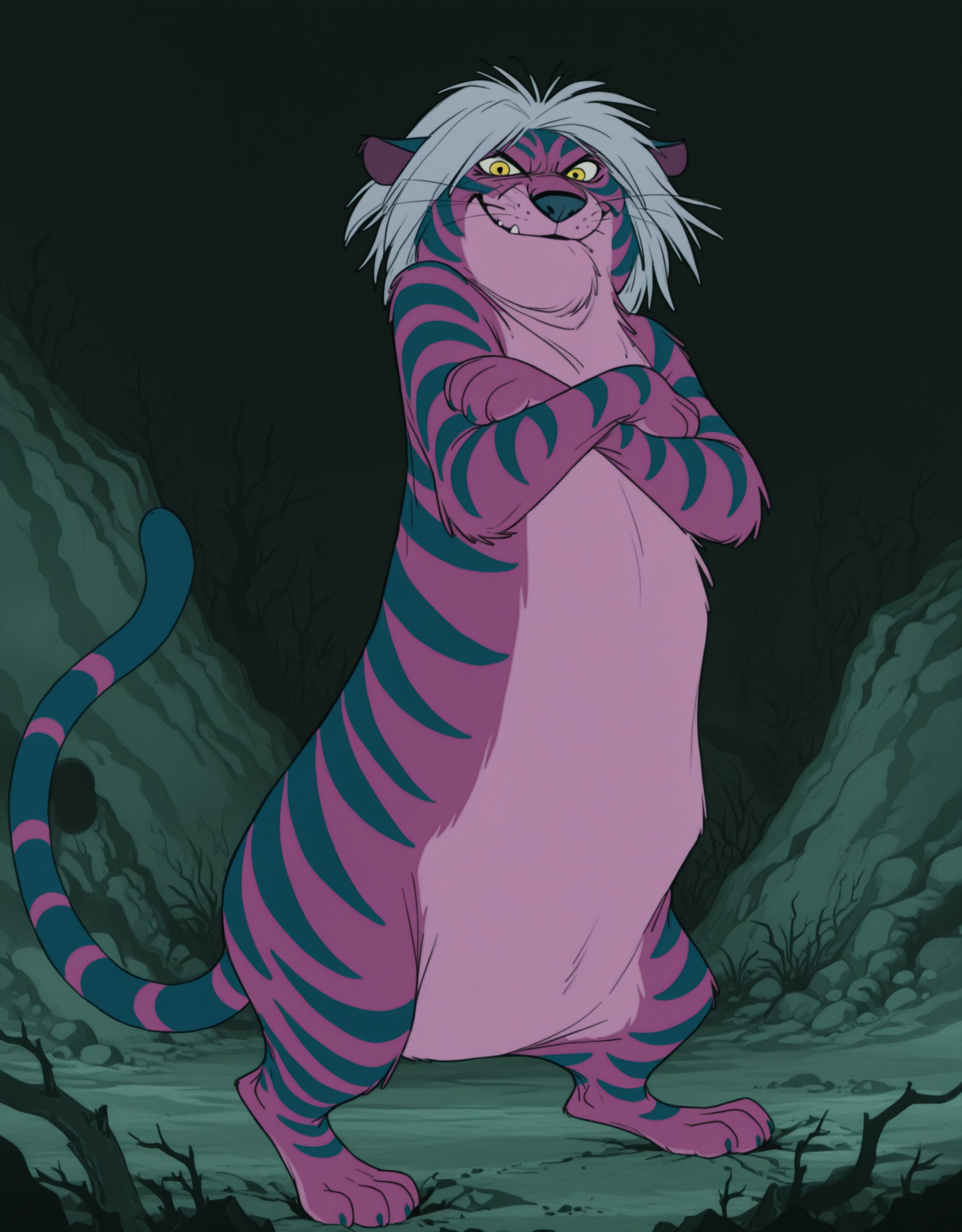 smooth quality, masterpiece, very intricate, high quality details, ultra realistic, high detailed skin, detailed environment, absurdres, solo, simple background, black background, color drain, erostigermadammim, tiger, purple fur, striped fur, yellow eyes, grey hair, whiskers, tail, (frontal view, looking at viewer)