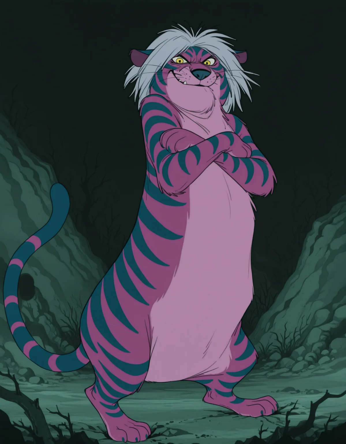 smooth quality, masterpiece, very intricate, high quality details, ultra realistic, high detailed skin, detailed environment, absurdres, solo, simple background, black background, color drain, erostigermadammim, tiger, purple fur, striped fur, yellow eyes, grey hair, whiskers, tail, (frontal view, looking at viewer)