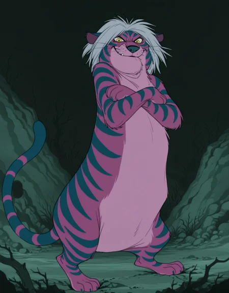 smooth quality, masterpiece, very intricate, high quality details, ultra realistic, high detailed skin, detailed environment, absurdres, solo, simple background, black background, color drain, erostigermadammim, tiger, purple fur, striped fur, yellow eyes, grey hair, whiskers, tail, (frontal view, looking at viewer)