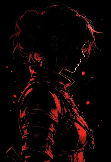 in the style of ck-mgs, nistyle, Special Ink-drawing mode, intricate linework with expressive contrasts, Mh1$AgThS2, Silhouette Art, magnificent, image of female warrior in samurai red leather armour, silhouetted, chiascuro, dark background, directional light