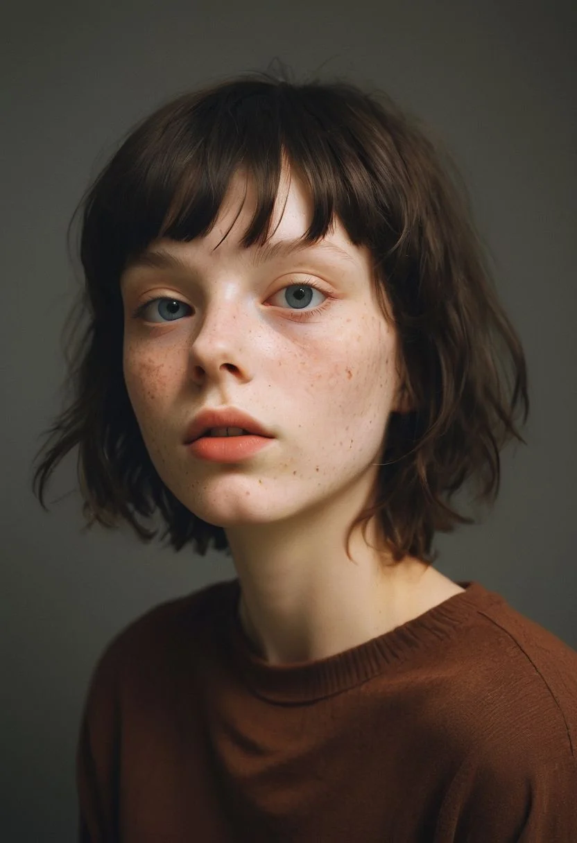 A photo Luce Doe, a 25 year old woman. Short boyish hair, black hair. Posing in the studio. Soft studio lighting.
Detailed, emotional face.
(detailed skin, pores, sweat, rosacea, blemishes, acne, freckles, imperfections, tan (moles-)), detailed eyes,
style of Caravaggio.
Hasselblad, Kodak Ektar 100