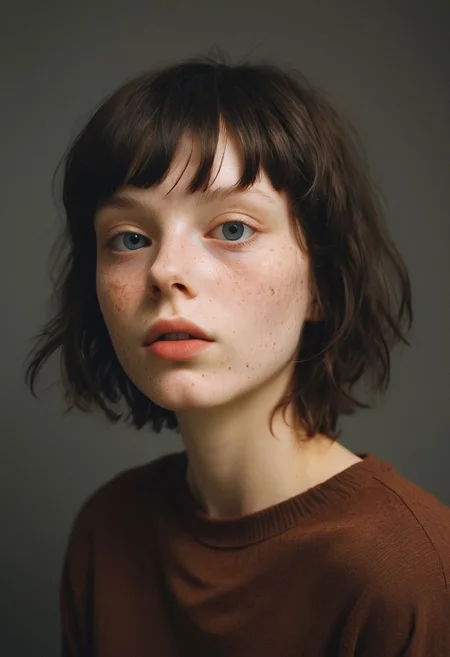 A photo Luce Doe, a 25 year old woman.  Short boyish hair, black hair. Posing in the studio. Soft studio lighting. 
Detailed, emotional face.
(detailed skin, pores, sweat, rosacea, blemishes, acne, freckles, imperfections, tan (moles-)), detailed eyes,
 style of Caravaggio.
Hasselblad, Kodak Ektar 100