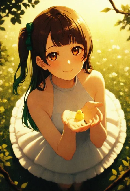 volumetric lighting, ambient occlusion, luminescent background, masterpiece, very awa, plants, flowers,depth of field, leaf, branch, blurry background, day, sunlight, warm light
BREAK
dynamic pose, looking at viewer, holding a bird with both hands, from above, depth of field, leaf, branch, blurry background, absurdres, masterpeice, best quality, very aesthetic
BREAK
lovelive_kotori, white dress, gentle smile, grayish brown hair,light hair, green hair bow, bangs, one side up, long hair, brown eyes, frilly dress, halter top