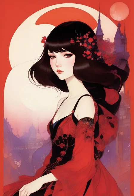 ,tj,LocationInformation,in the style of 2d game art,characterized girl,dmitry vishnevsky, black and red,cute and dreamy,editorial illustrations,kawai girl ,detailed drawing,