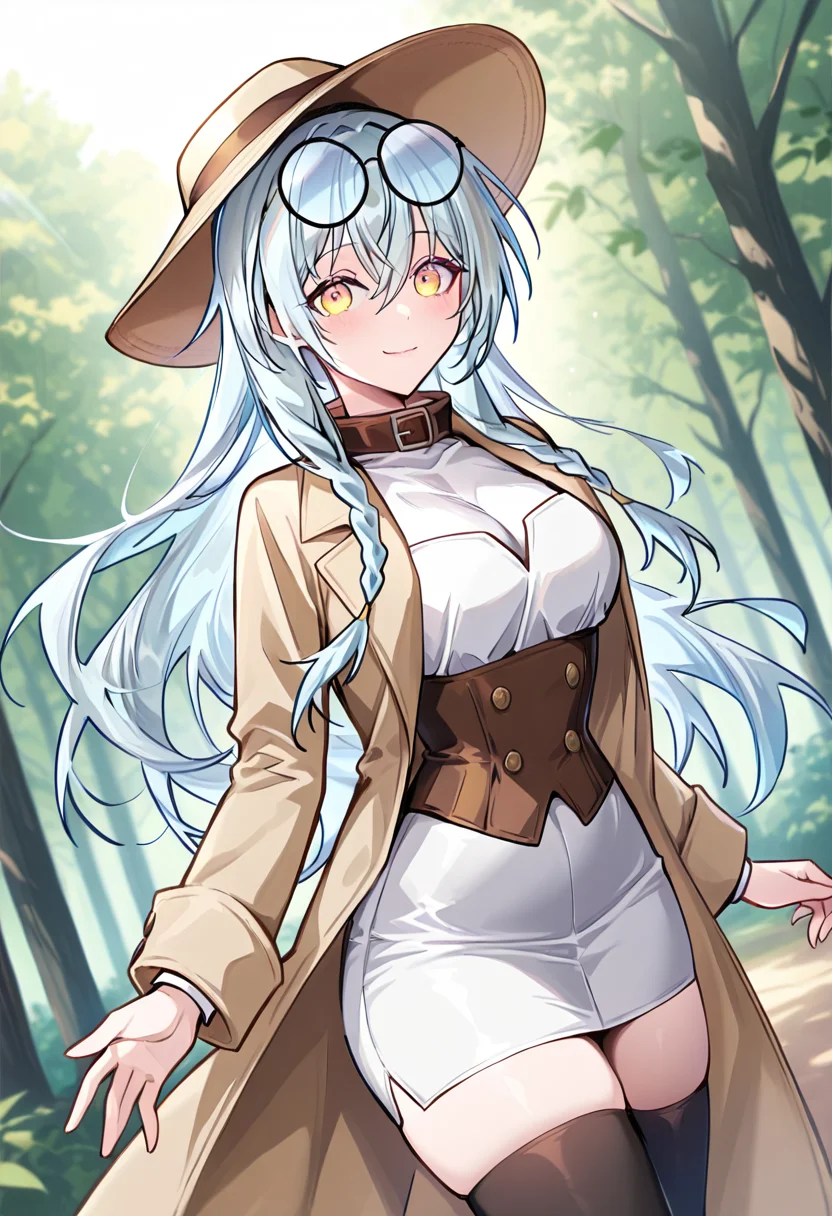 masterpiece,best quality,absurdres,perfect lighting,forest,
*//*,<lora:CeciliaAquarain-Illustrious:1>,cecilia_aquarain_adv,1girl,solo,long hair,blue hair,yellow eyes,twin braids,braid,hat,round eyewear,eyewear on head,brown coat,open coat,long sleeves,black thighhighs,pencil skirt,brown corset,brown belt collar,
*//*,looking at viewer,cowboy shot,dutch angle,dynamic pose,light smile,