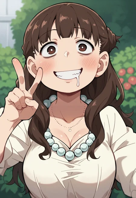 score_9, score_8_up, score_8, source_anime, 1girl, <lora:MarinaSugisaki:0.85> , solo, brown eyes, brown hair, long hair, white dress, pearl necklace, breasts, blush, smile, crazy expression, constricted pupils, looking at viewer, drooling, happy, empty eyes, v sign,
garden background, blurry background,