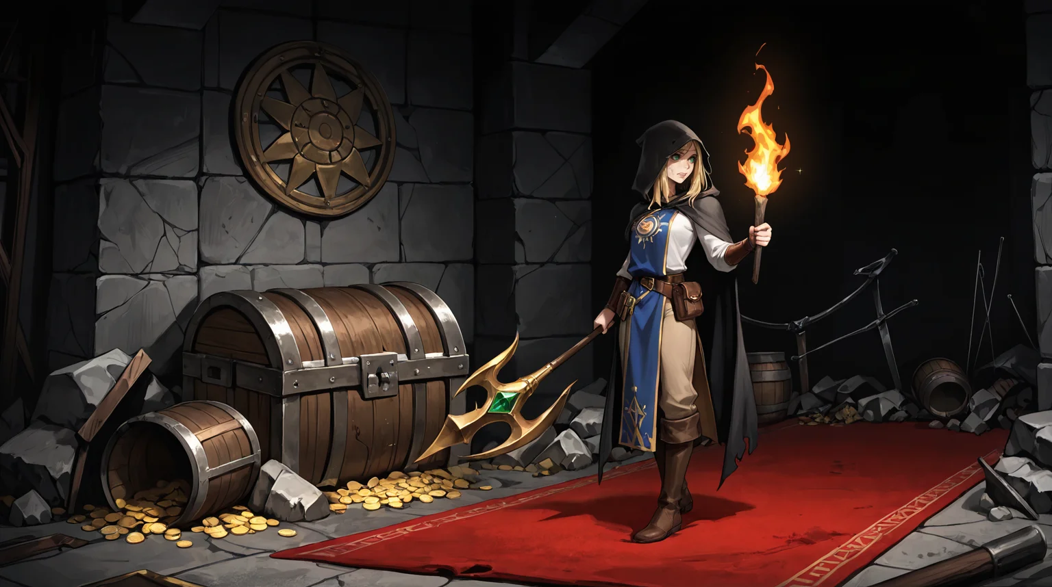 masterpiece, best quality, amazing quality, very aesthetic, 1girl, solo, cramped treasure vault, shiny gold coins, ripped red carpet, cobwebs, bug, ragged black hooded cloak, from the side, side view, facing away, deep shadows, altar with scroll, white loose shirt, blue tabard with sun symbol, brown knee boots, tan pants, surprised expression, long dirty blonde hair, sidelocks, leather bracer, <lora:Calmlike Style IL:.5>, <lora:StS_Age_Slider_Illustrious_v1:1.5>, dramatic lighting, stone ruins, dirty floor, skinny, absurdres, green eyes, dark_interior, low light, underground, leather belt, belt pouch, rubble, closed treasure chest, sparkling gem, barrel, weapon rack, vignetting, holding torch, black background,