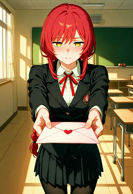 Expressiveh, score_9, score_8_up, score_7_up, score_6_up, score_5_up, score_4_up, godrays, solo, 1 girl, red hair, long hair, braided ponytail, sidelocks, yellow eyes, ringed eyes, medium breasts, school uniform, neck ribbon, collared shirt, black jacket, long sleeves, black skirt, black pantyhose, love letter, heart, valentine, letter, confession, incoming gift, outstretched arms, classroom, living room, detailed background, perfect eyes, fFaceDetail,