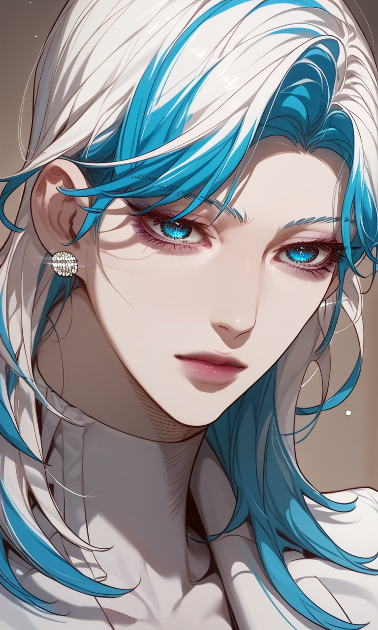 score_9, score_8_up, score_7_up, score_6_up source_anime, front view, portrait, close up, face focus,
vesperbryan, 1girl, solo, blue eyes, long hair, two-tone hair, blue hair, white hair, hair behind ear, pale skin, 
,Expressiveh