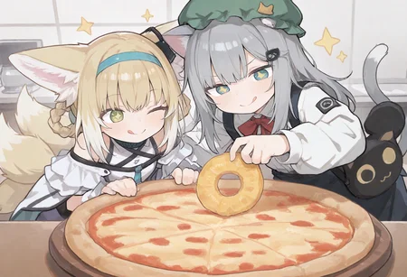 2girls, suzuran (arknights),smile, happy, ^_^
BREAK
nachoneko, +_+, sparkling eyes, ;q, tongue out
BREAK
how_to_torture_an_italian_(meme), pizza, pineapple slice, pineapple on pizza,
(zankuro:0.2), wagashi \(dagashiya\), chen bin, very awa, very aesthetic, masterpiece, best quality, amazing quality, absurdres <lora:ponyv6_noobV1_2_adamW:0.5> <lora:n_XLNBVP1lokrV6311P:0.2> <lora:748cmXLNBVP1lokrV6311PZ:0.2> <lora:ricotte2:0.2> <lora:how_to_torture_an_italian_meme:0.9>