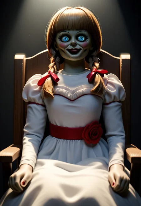 score_9, score_8_up, score_7_up, score_6_up, Annabelle, Smile, 1Girl, Dress, White dress, Twin Braids, Lipstick, Flower on dress, hair ribbon, blue eyes, looking at viewer, Sitting in rocking chair, dark room, black room, spotlight, spooky, eerie, uncanny, Horror (theme), doll,