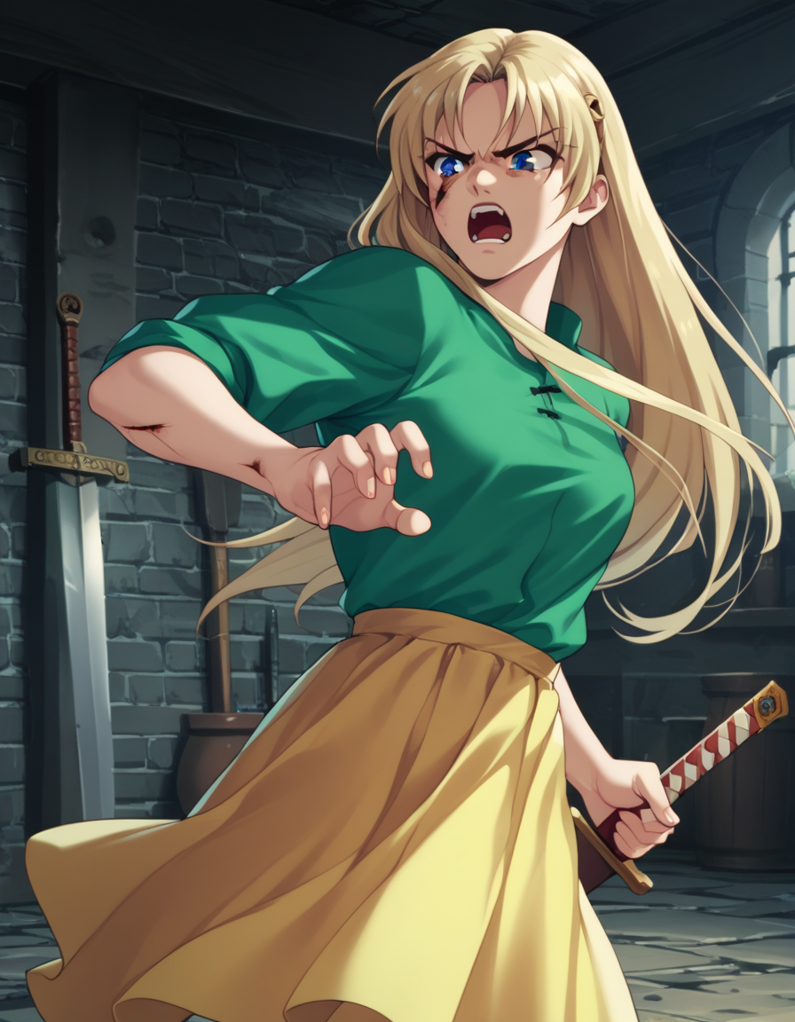 score_9,  score_8_up, score_7_up <lora:sharon-ponyxl-000011:1> wwsharon, green shirt, yellow skirt,
1girl, solo, battle, angry, cuts, sword, indoors, dungeon