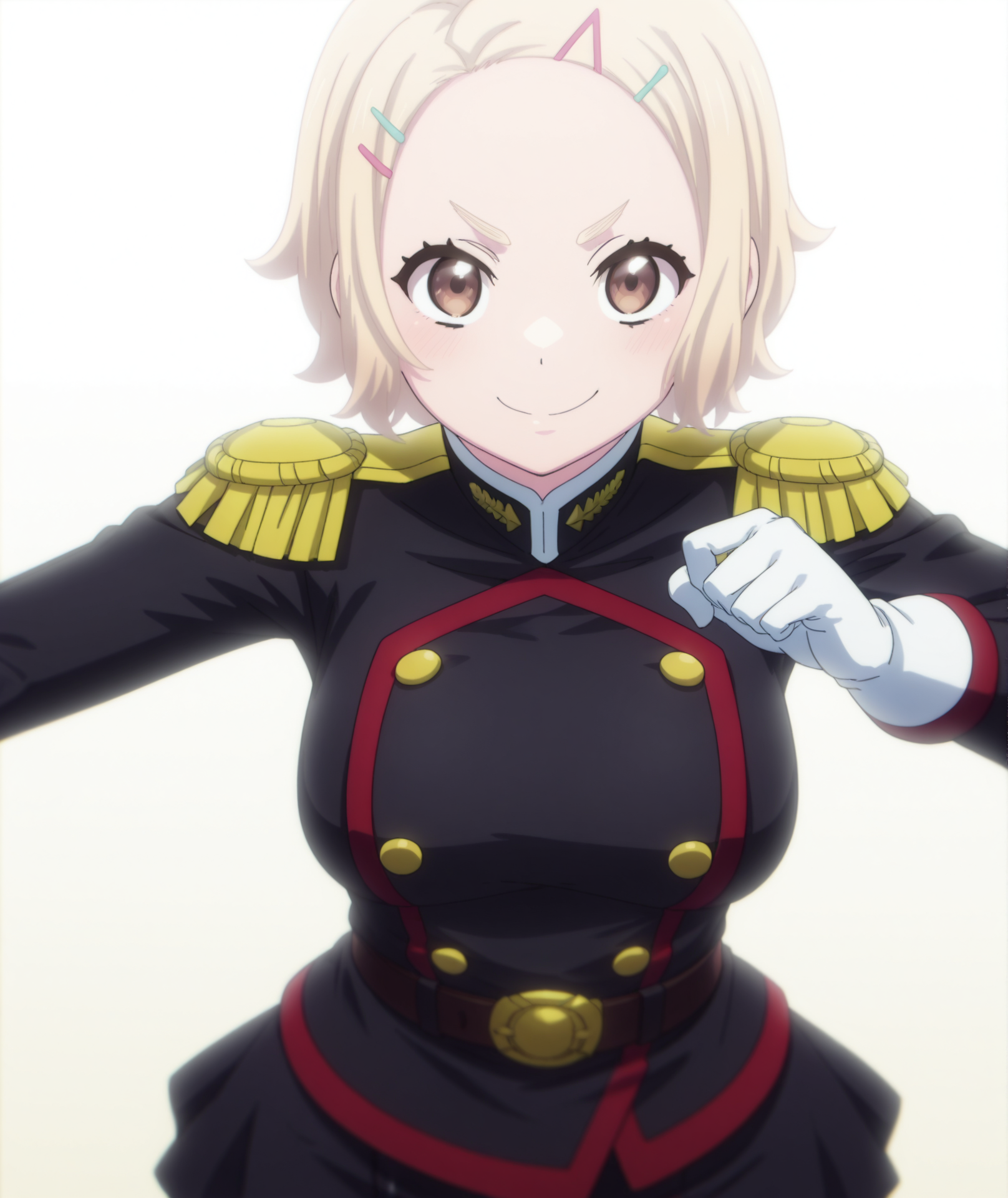 official art, absurdres, highres, anime coloring, hi res, best quality, masterpiece, 2d, intricate details, 4k,
1girl, solo, short hair, blonde hair, hair ornament, brown eyes, hairclip, v-shaped eyebrows, 
medium breasts, gloves, white gloves, uniform, military, military uniform, epaulettes, skirt, jacket, belt, black skirt,
looking at viewer,
depth of field, white background, gradient background, <lora:Ginna_Bizen_ILXL:1>, mato seihei no slave,