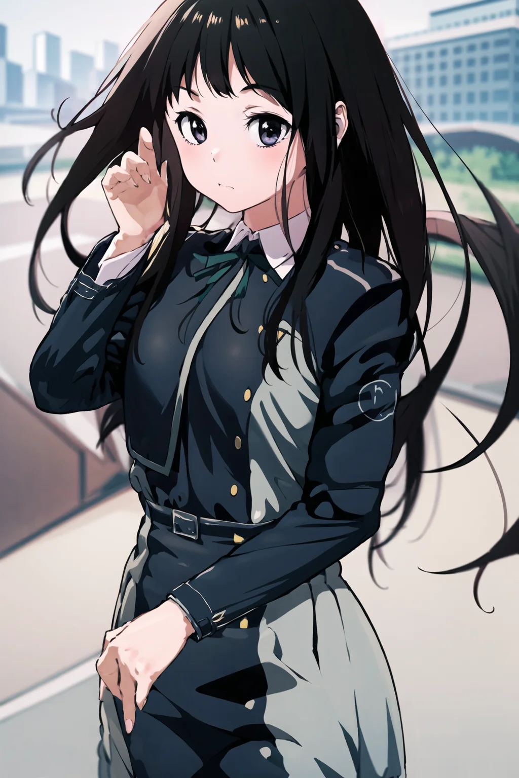 masterpiece, best quality, 1girl, <lora:lycorisRecoilTakina_takinaInoueBeta01:1>, cowboy shot, delicate eyes,long_hair, black_hair, trembling, ribbon, school_uniform, long_sleeves, jacket, <lora:meryV2:1>, looking at viewer,