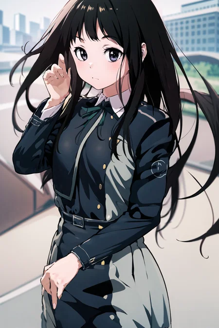 masterpiece, best quality, 1girl, <lora:lycorisRecoilTakina_takinaInoueBeta01:1>, cowboy shot, delicate eyes,long_hair, black_hair, trembling, ribbon, school_uniform, long_sleeves, jacket, <lora:meryV2:1>, looking at viewer,
