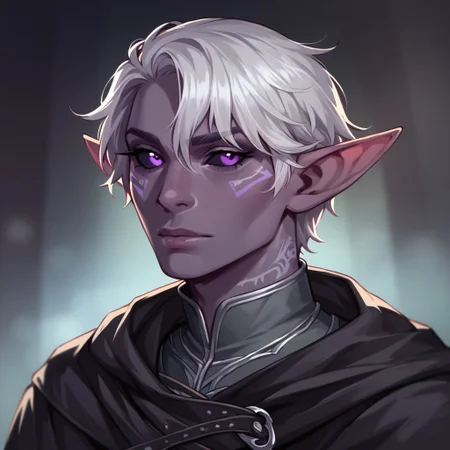 (((detailed, beautiful, high quality))), score_9, score_8_up, score_7_up, upper body,
drow, dark elf, pointed ears,
1 male, purple eyes, black sclera, gray hair, short hair, gray purple skin, light elf tattoos, black cape, gray shirt,
looking at the viewer, posing,
blurred background, fantasy background, dark background,