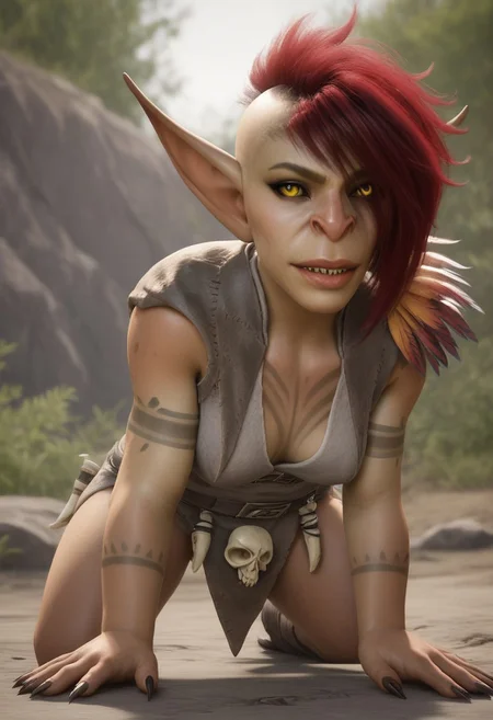 1girl, female goblin, green skin, red hair, short hair, side cut, hair over left eye, pointy ears, yellow eyes (black sclera), goblin ears, tattooed, sharp fingernails, grey rags, skull on belt, feathers on left shoulder, shortstack, short stack, realistic, score_8_up, score_7_up, BREAK, 1girl, solo, looking at viewer, eyes half closed, biting lips, female focus, looking at viewer, on all fours, detailed background, 4k, masterpiece, best quality, highly detailed, 3d, full shot