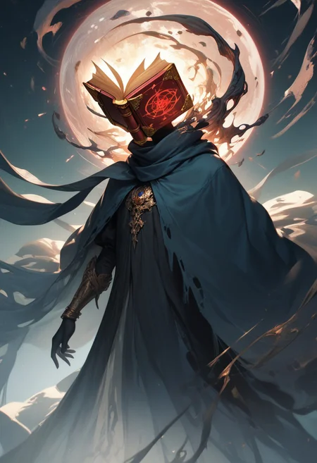 easynegative, source_anime, zPDXL2, extremely detailed, score_9, score_8_up, score_7_up, score_6_up, object_head, h3ad, <lora:Insert_Head_Here:1> zzmagicbook, floating book, headless, long scarf, object_head, flowing cloak, powerful spell, the cosmos spilling from its pages, close up:1.5, portrait, dynamic pose, from above, hand up,