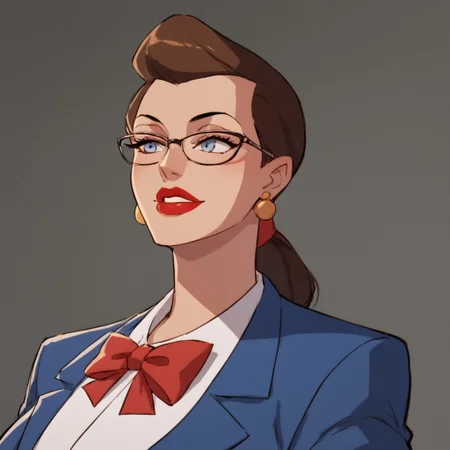 score_9, score_8_up, score_7_up, solo, 1girl, lipstick, ponytail, brown hair, blue eyes, formal, glasses, blue suit, white shirt, red bowtie, formal, earrings, breast, office background, Janet Van Dorn (dc)