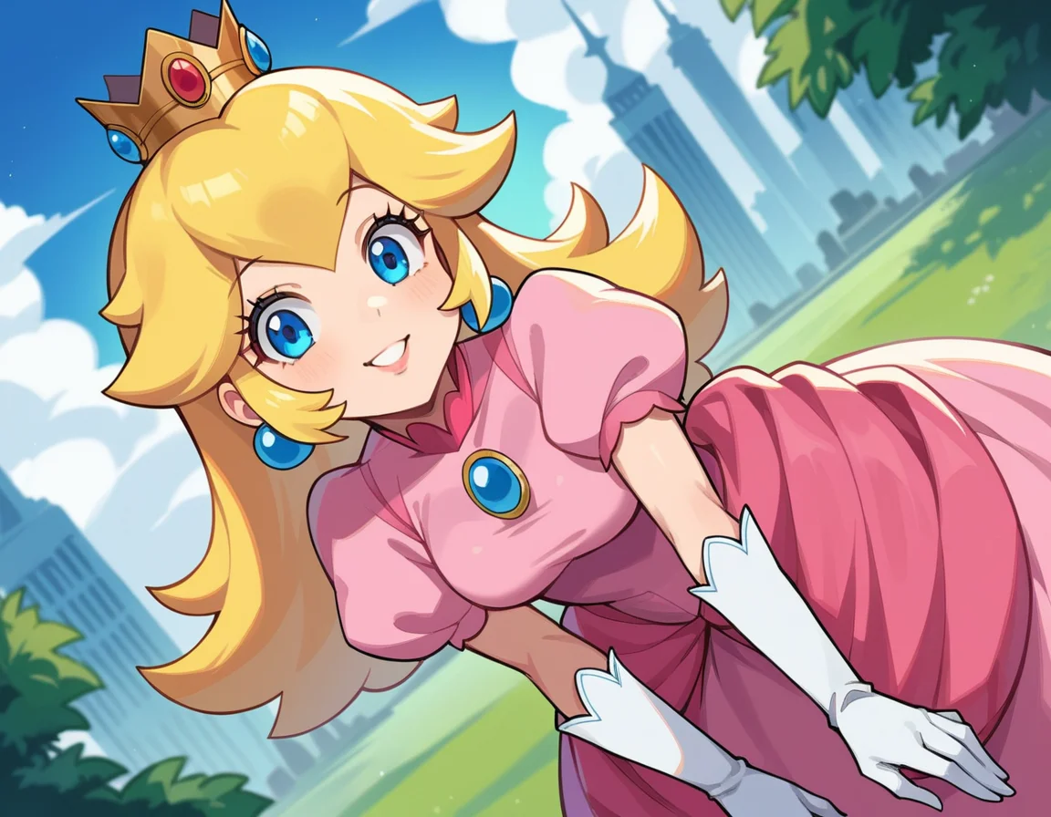 score_9, score_8_up, score_7_up, source_anime,
princesspeach, <lora:princess-peach-chibi-ponyxl-lora-nochekaiser:1>
princess peach, blonde hair, blue eyes, long hair, smile,
crown, dress, gem, gloves, pink dress, puffy short sleeves, puffy sleeves, short sleeves, white gloves,
outdoors, cityscape, bent over,
looking at viewer, dutch angle, cowboy shot