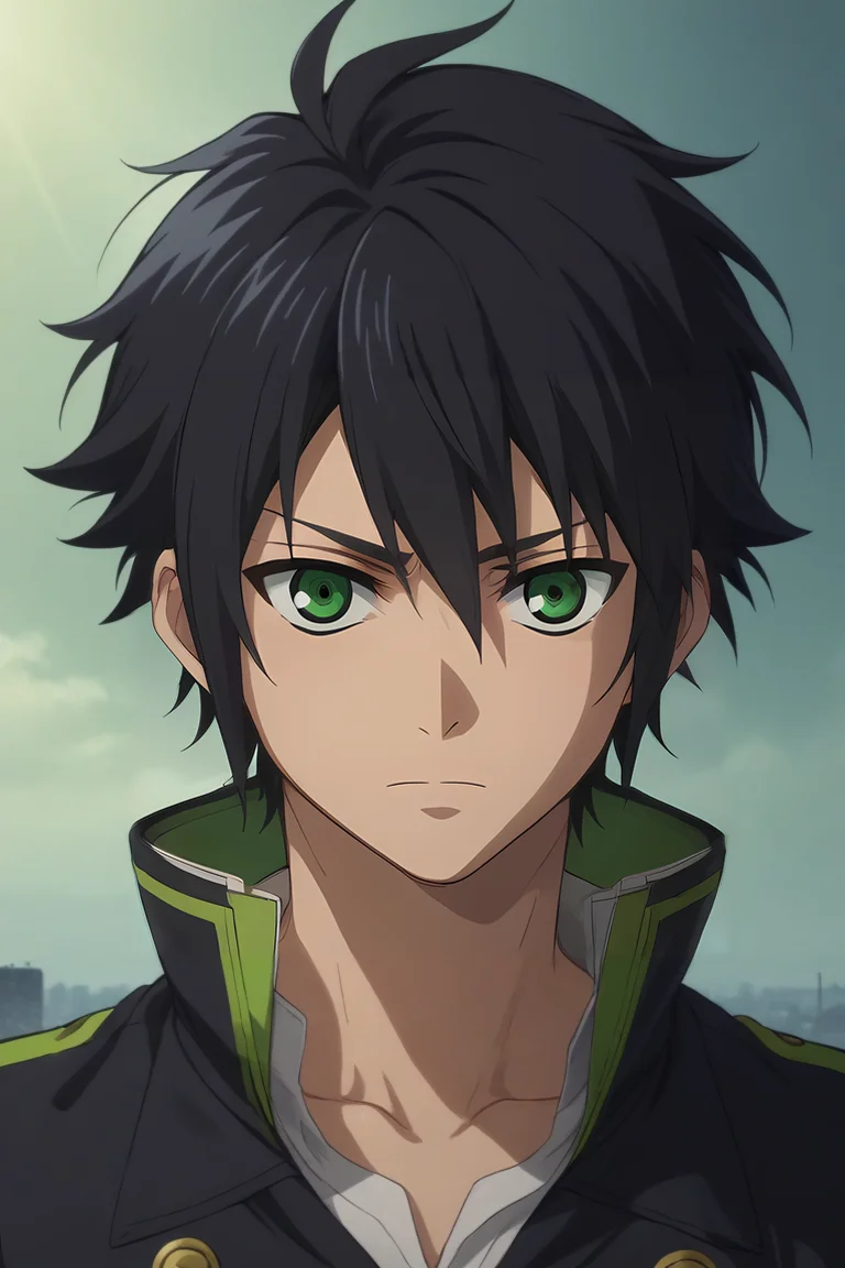 score_9, score_8_up, score_7_up, source_anime, , anime screencap, anime coloring, , , , , 1boy, solo, male focus, <lora:yuuichirou_hyakuya_pony:0.8>, yuuichirou_hyakuya, black hair, green eyes, short hair, hair between eyes, , science fiction apocalyptic and post-apocalyptic, Hands on the back of the neck, indicating frustration or stress, <lora:sdxl_lightning_8step_lora:1>