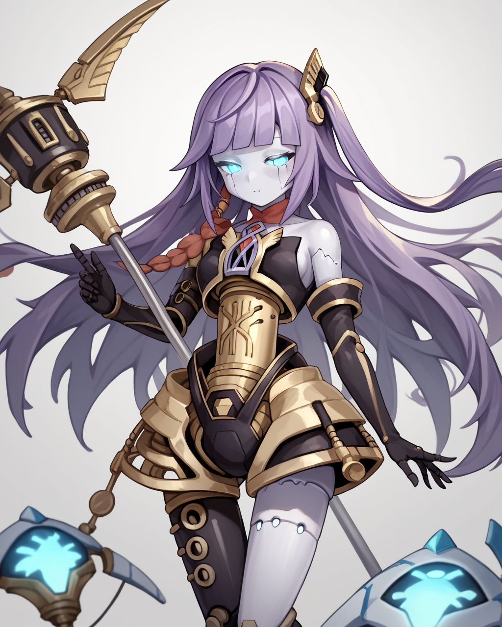 score_9, score_8_up, score_7_up, score_6_up, score_5_up, score_4_up, BREAK source_anime,<lora:add-detail-xl:1>,<lora:Expressive_H:1>,
<lora:Orphegol Galatea _1PONY:1>,orphegol galatea, 1girl, solo, long hair, purple hair, blunt bangs,Blue glowing eyes, android, joints, hair ornament, colored skin, bare shoulders, duel monster, elbow gloves, asymmetrical legwear,